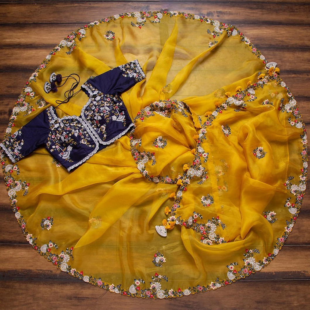 Kala Niketan Kaveri Jumkhi Therad Seuuins Organza Silk Sari With Attached Blouse