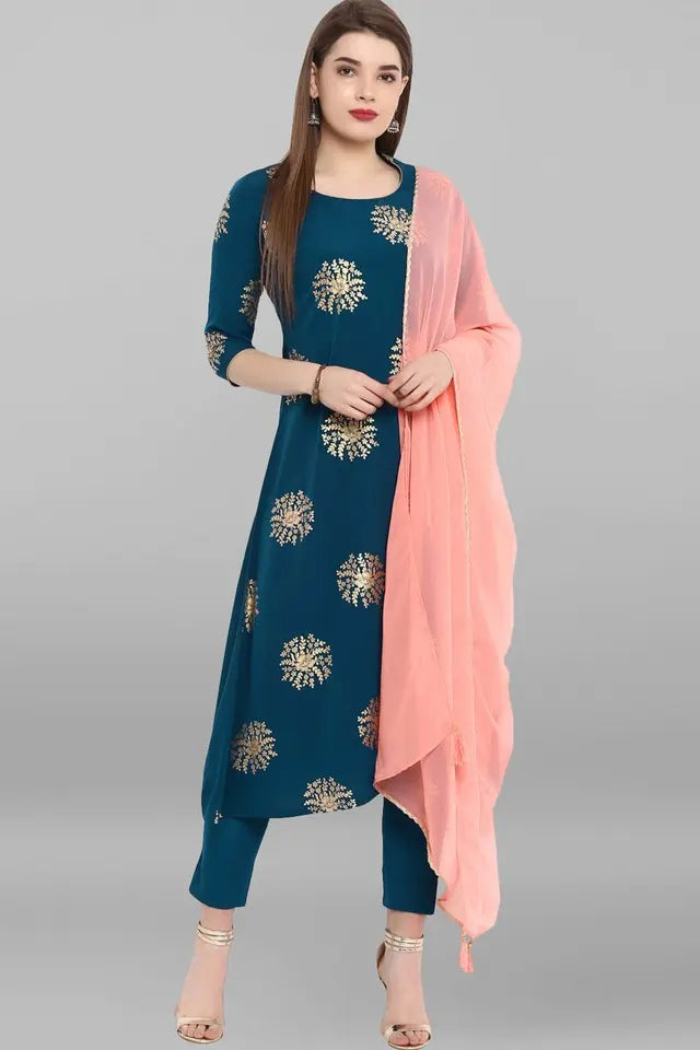 Womens Turquoise Blue Poly Crepe Kurta With Pant And Dupatta (Size Availabale From S To 6XL)