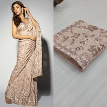 Load and play video in Gallery viewer, Bollywood Style Wedding Wear Embroidery And Sequence Worked Georgette Saree With Beautiful Lace And Sequence Worked Blouse - 6 COLOURS Available
