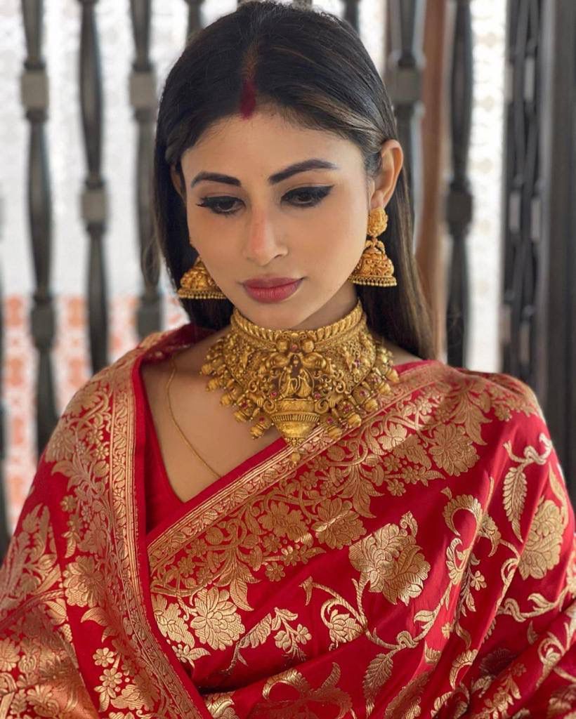 Mouni Roy Wedding Saree in Traditional Kanchipuram Red Color with Weaving Work