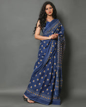 Load image into Gallery viewer, Kala Niketan Floral Print Blue Designer Latest Fashion Cotton Mulmul Saree
