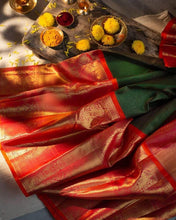 Load image into Gallery viewer, Kala Niketan New SOFT SILK FLORAL BROCADE GREEN SAREE WITH RED BLOUSE
