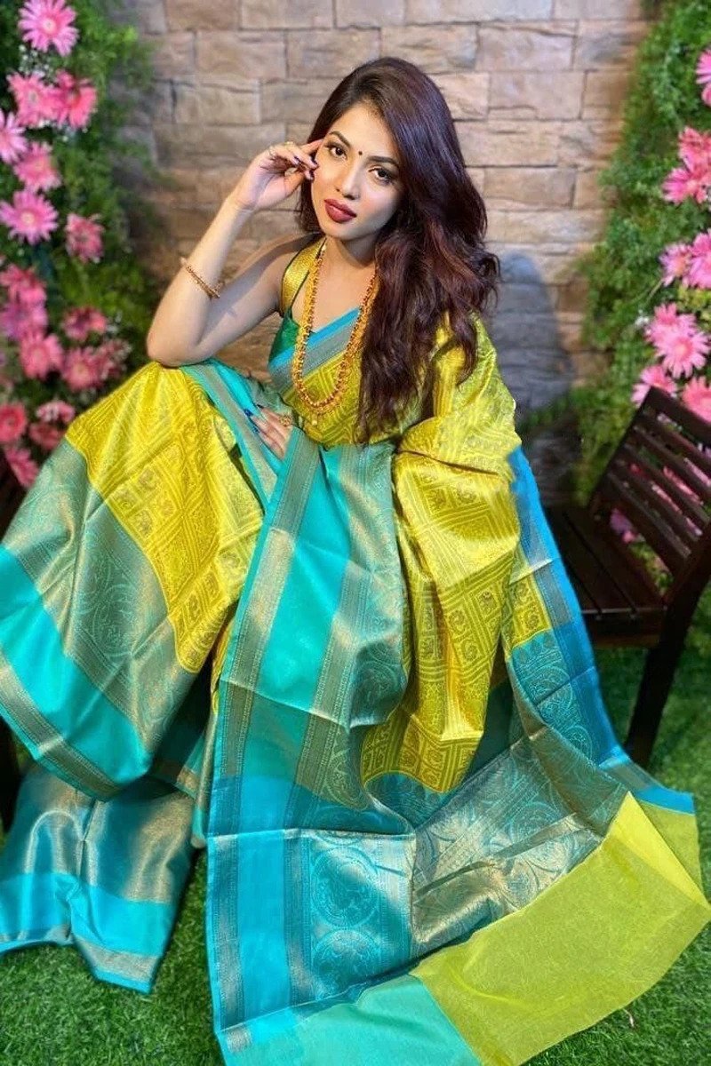 Kala Niketan Beautiful Yellow And Rama Color Lichi Silk Saree - Rich Pallu & Contrast Border Saree