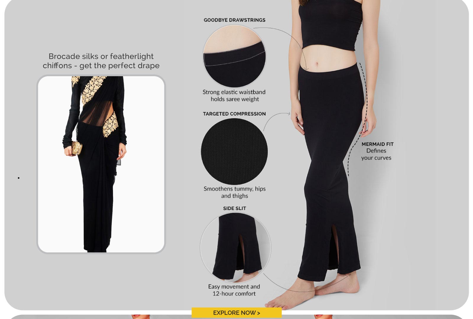 Women Saree Shapewear with Side Slit in Black (Fish Cut Petticoat